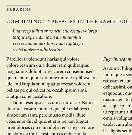 Mockup ng artikulo ng balita na gumagamit ng masyadong naka-kern na font style pati na mga serif at sans serif font.