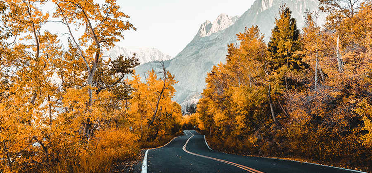 Road to the mountains in autumn captured with landscape photography