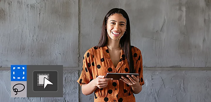 Face of person standing in front of a wall being selected with Adobe Photoshop