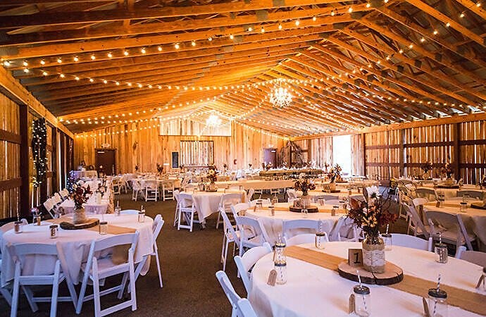 Photograph of a rustic wedding reception hall