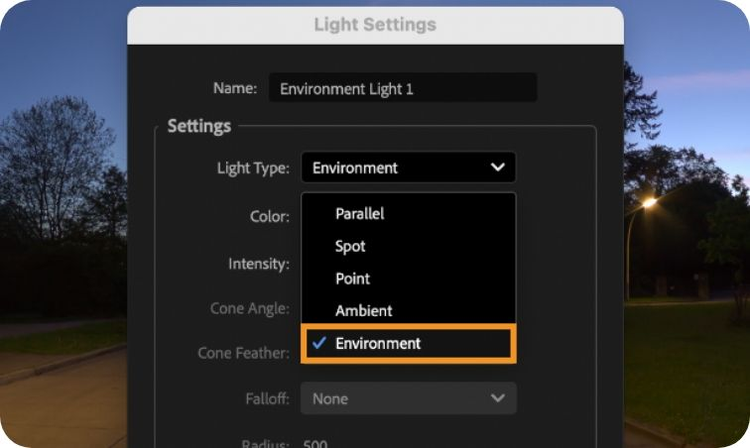 Screenshot of the light settings panel