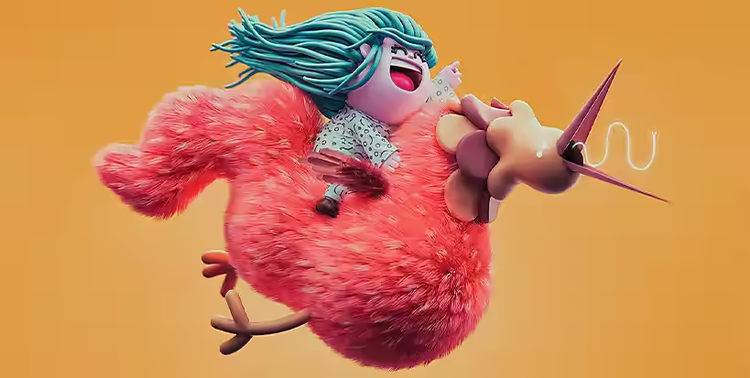 An animated character smiling with her mouth open while she rides a fluffy bird