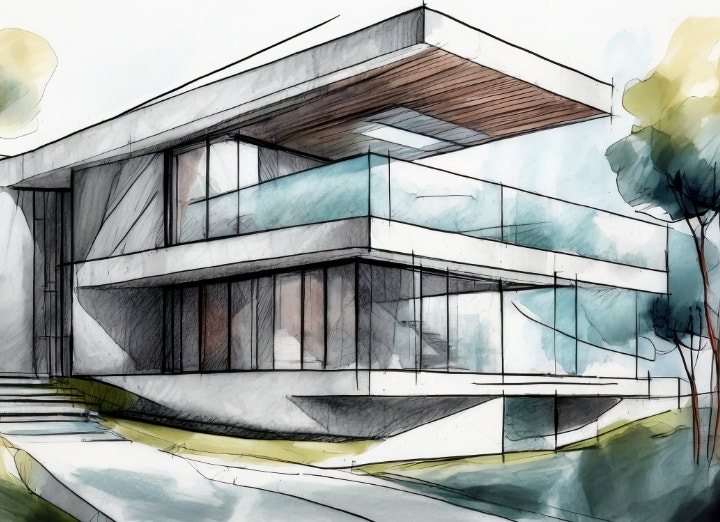 architectural sketch of a modern minimal style home made out of concrete and glass; hand rendering with ink