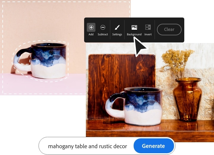 mug with mahogany table generative fill background