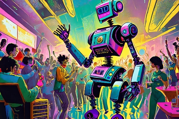 Firefly AI generated image. Prompt: (left) 80’s retro robot dancing in a busy club, lots of people, abstract