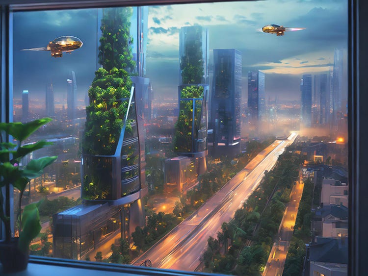 AI-generated futuristic cityscape using Adobe Firefly