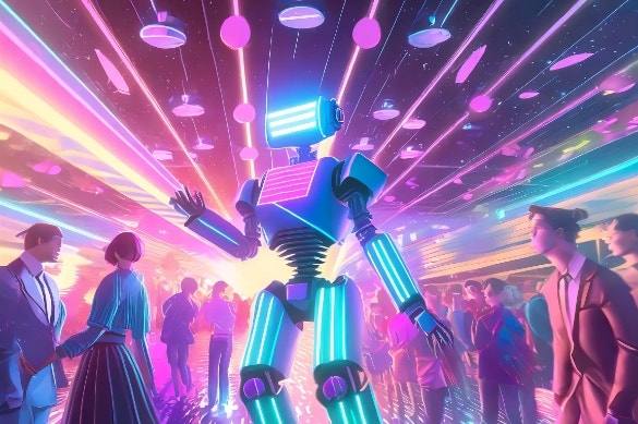 Firefly AI generated image. Prompt: (right) retro robot dancing in a busy club, lots of people, psychedelic anime