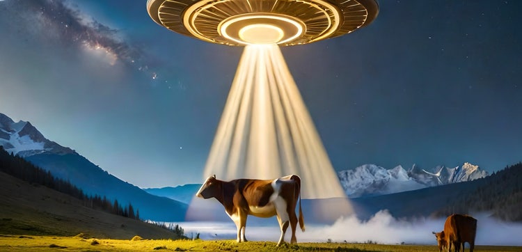Firefly generated image of a cow in a field with a UFO above