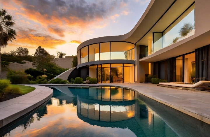 a modern courtyard residence with curved walls, lush landscaping and a tranquil pool