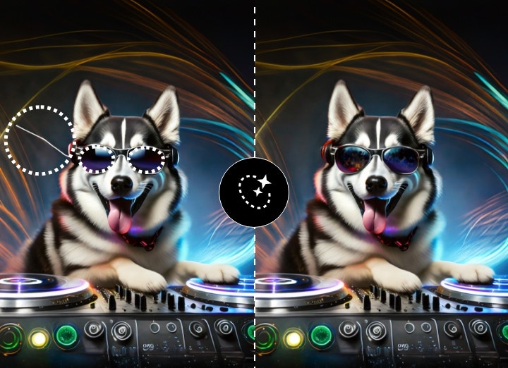 Firefly AI generated image. Prompt: husky dog dj with sunglasses tongue out with paw on spinner, long-time exposure, digital art