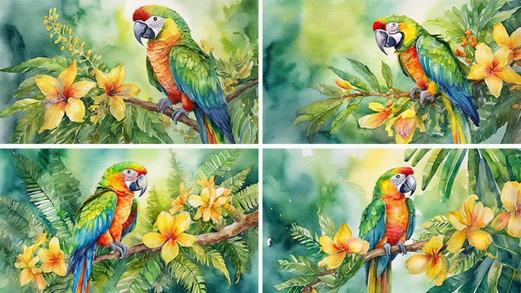 Prompt: colorful tropical bird parrot sitting on yellow exotic flower branch in wildlife; green watercolor background