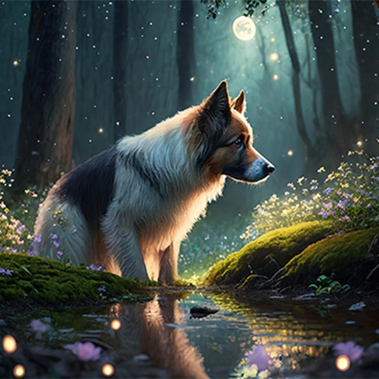AI-generated art of a dog in a mystical forest using Adobe Firefly