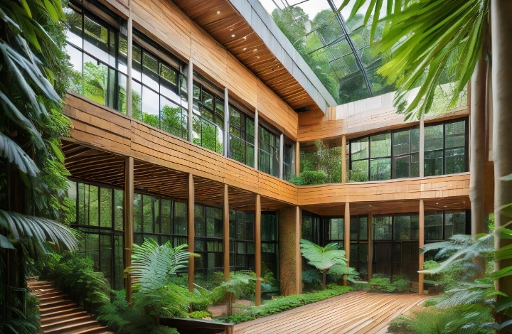 High-resolution photograph of neo-futurist college dormitory with atrium, wood construction, rainforest