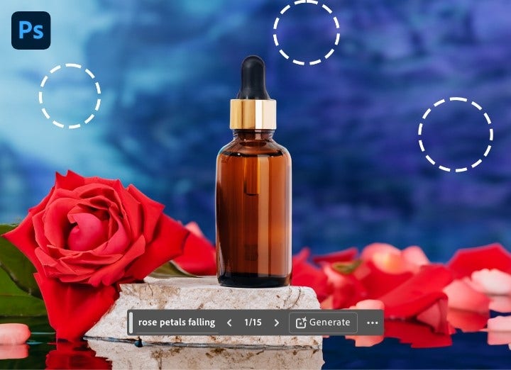 image of a bottle and flower on a background of roses and blue light