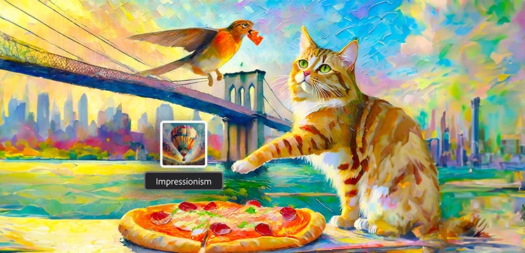 Firefly generated images of a cat eating pizza in impressionism art style