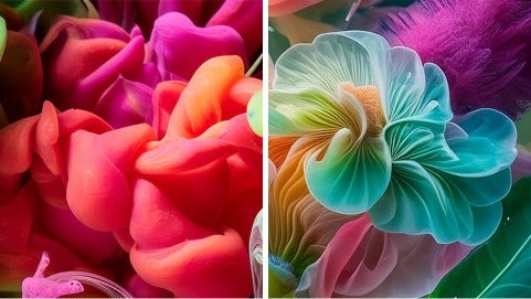 underwater macro photo of colorful blobs transformed into AI generated macro image of underwater colorful flowers