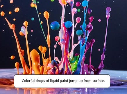AI generated picture of colorful drops of liquid paint jump up from surface.