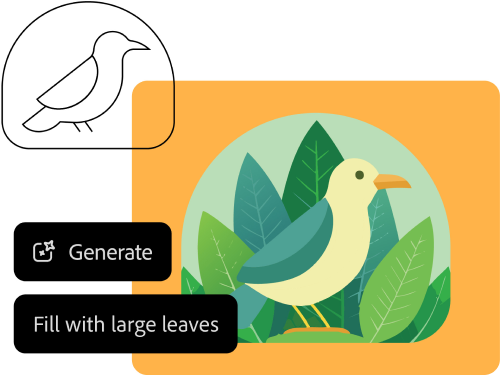 Illustration of a bird drawing with background foliage and prompt text 'Fill with large leaves'