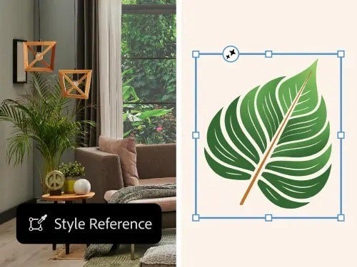 image with a drawn leaf beside a room with greenery and the Style Reference button overlaid on it