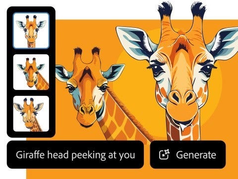 drawing of giraffes on an orange background with the text prompt "Giraffe head peeking at you"