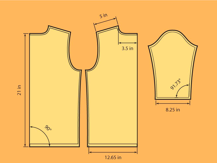 Sections of a fashion design pattern with measurements displayed in inches.