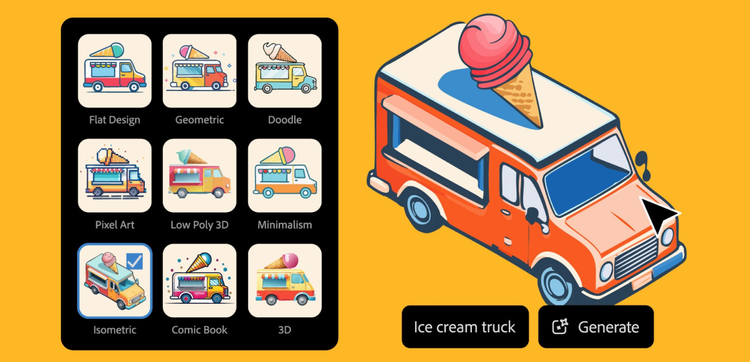 stylized icons of an ice cream truck floating next to a larger image of the ice cream truck on a bright orange background