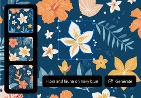 Drawn pattern of flowers scattered across a blue background with the text prompt "Flora and fauna on navy blue"