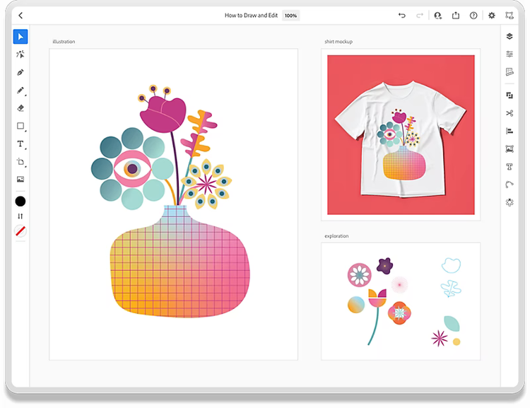 Illustrator artboards showing flowers, flowers in a vase, and the vase of flowers depicted on a t-shirt