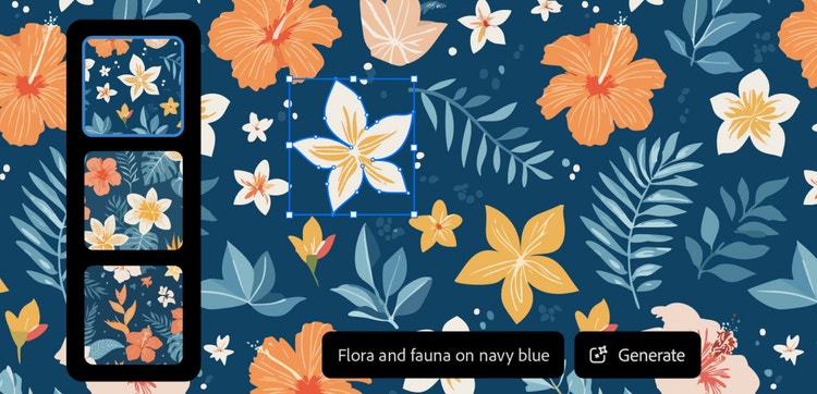 Drawings of flowers scattered across a dark blue background with a text prompt that reads 'Flora and fauna on navy blue'