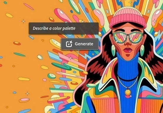 drawing of a woman with long brown hair in a turtleneck and beanie with shards of color exploring behind her and the text prompt "Describe a color palette"