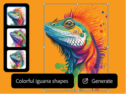 Colorful sketch of an iguana positioned beside other iguanas on an artboard with the text "Colorful iguana shapes" overlaid