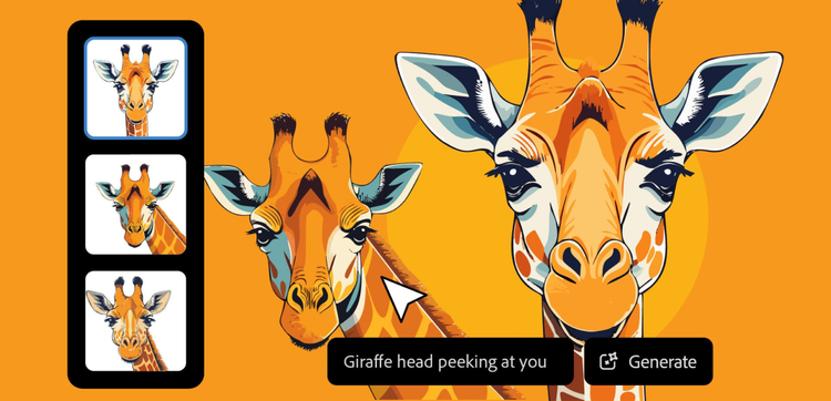 Image of generated images of giraffes on an orange background with the sample prompt that reads "Giraffe head peeking at you"