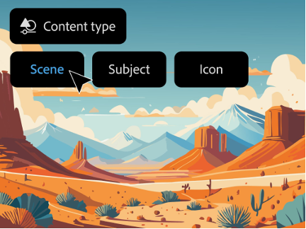 A desert drawing of mesas and distant mountins with buttons placed on top that read "Content type, Scene, Subject, and Icon"