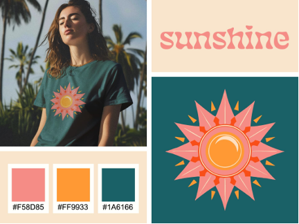 A collage of images with a photo of a woman wearing a green t-shirt with a flower icon; the word "sunshine" in pink; a color palette featuring pink, orange, and green swatches; and the flower icon shown on the woman's shirt.