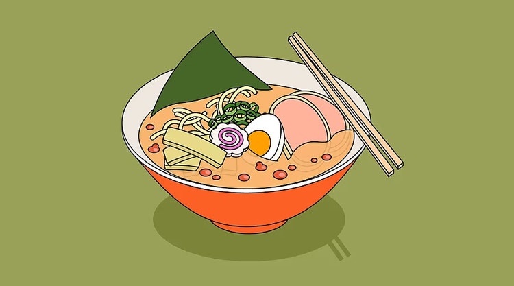 Drawing of a bowl of ramen and chopsticks set on a green background
