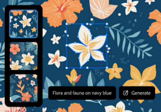 Drawn pattern of flowers scattered across a blue background with the text "Flora and fauna on navy blue"