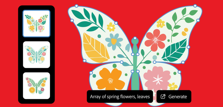 Drawing of a butterfly covered in flower illustrations with a text prompt that says 'Array of spring flowers, leaves'