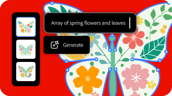 An image showing butterfly-shaped vector filled with array of flowers and leaves made using Generative Shape Fill from Illustrator.