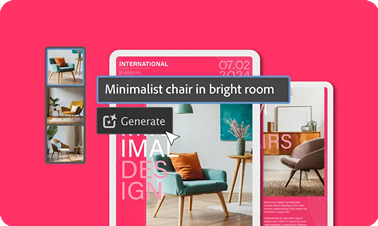 A web interface with a pink background displays images of minimalist chairs. A cursor hovers over a "Generate" button next to a text overlay that says "Minimalist chair in bright room.