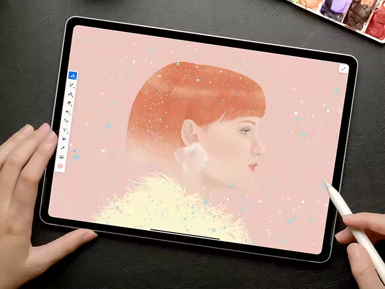 drawing of a woman in progress on an iPad