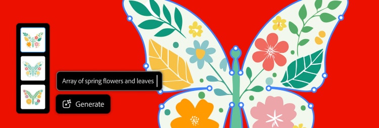 image of a butterfly and flowers with a text prompt that reads 'Array of spring flowers and leaves'
