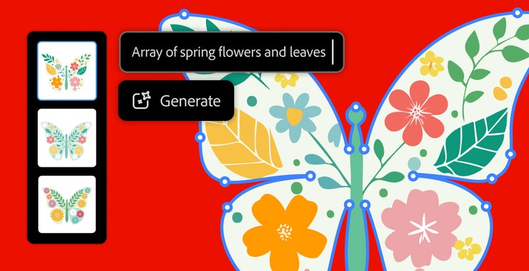 image of a butterfly and flowers with a text prompt that reads 'Array of spring flowers and leaves'