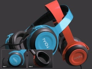 3d rendering of a pair of headphones, red and blue, with the company name of the side.