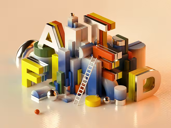 3d composition of colorful letters and shapes.