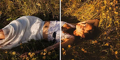 A photo of a person wearing a wedding dress and lying down in the grass with the Adobe Photoshop Lightroom &quot;Vintage Instant&quot; preset applied to the right half of the photo