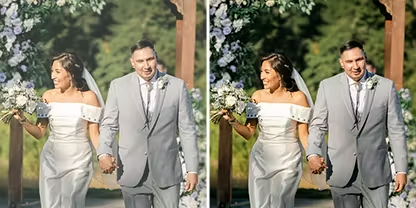 Two identical photos side by side of a newlywed couple walking down the aisle, but the photo on the right has the Adobe Photoshop Lightroom &quot;Natural&quot; preset applied to it.