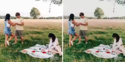 Two identical photos side by side of young adults having a picnic in a field, but the photo on the right has a Style preset applied to it