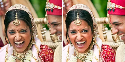 Two identical photos side by side of a married couple laughing together, but the photo on the right has the Adobe Photoshop Lightroom &quot;Portraits&quot; preset applied to it