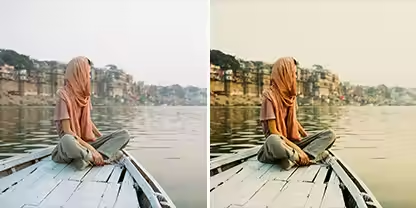 Two identical portrait photos side by side of a person sitting in the front of a boat navigating on a river, but the photo on the right has a Travel preset applied to it