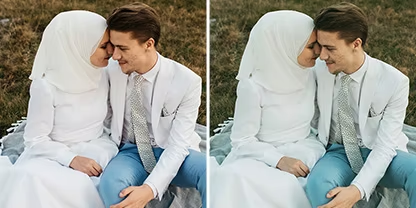 Two identical photos side by side of a married couple posing for a wedding photo, but the photo on the right has the Adobe Photoshop Lightroom &quot;Flat & Green&quot; preset applied to it